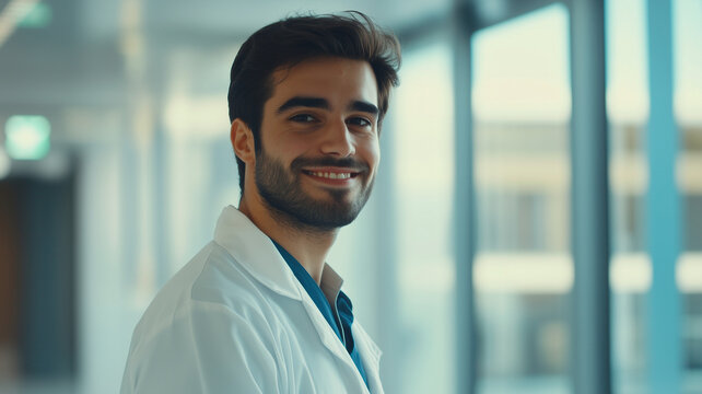 Young handsome doctor standing smiling with copy space, modern office background