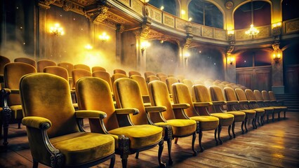 Obraz premium Vintage Night Theatre: Empty Yellow Chairs, Dramatic Lighting