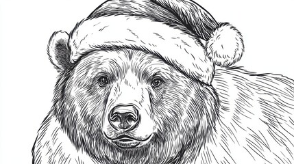 Black And White Drawing Of A Bear Wearing A Santa Hat
