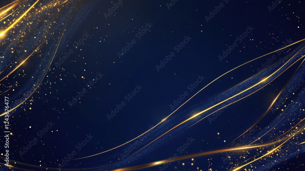 Poster abstract blue and gold glitter background with sparkling wave lines
