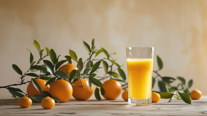 Fototapeta premium Orange juice with fresh orange fruits in wooden farming background. AI generated