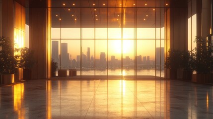Fototapeta premium Modern office lobby at sunrise with city view