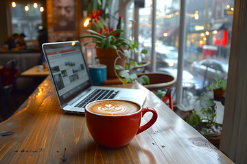 Teleworking on a laptop at a table in a coffee shop. connectivity, enjoyment and flexibility offers a change of scenery from a traditional office, highlighting the freedom of telecommuting. AI