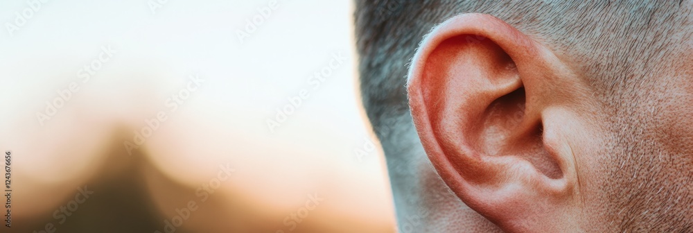 Poster detailed close up captures a man's ear, highlighting the intricate structure and emphasizing the imp
