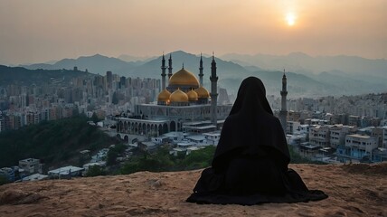 Silhouette of a devout man pray to the Allah on hill