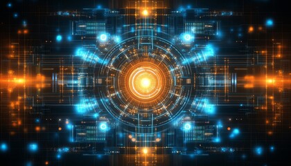 Obraz premium Symmetrical Circuit Board, Futuristic Design, Digital Portal with Orange and Blue Lights