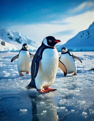 Obraz premium penguins waddling on a frozen Antarctic landscape 