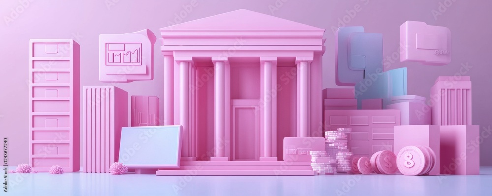 Poster a whimsical pink architectural scene featuring a classical building and various geometric shapes, cr