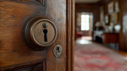 Obraz premium Antique door keyhole, open doorway, mansion interior.