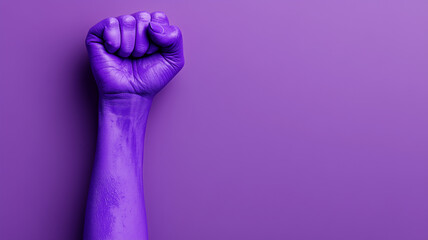 A raised arm with a clenched fist in a victory pose for Women's Day, feminism, fist as a symbol of protest.