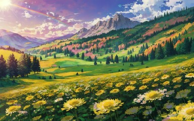 mountain landscape with yellow flowers