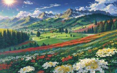 mountain landscape with flowers and mountains
