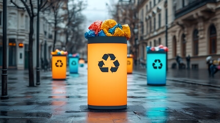 Urban recycling efforts colorful trash bins overflowing with waste city streets photography rainy environment eye-level view environmental awareness