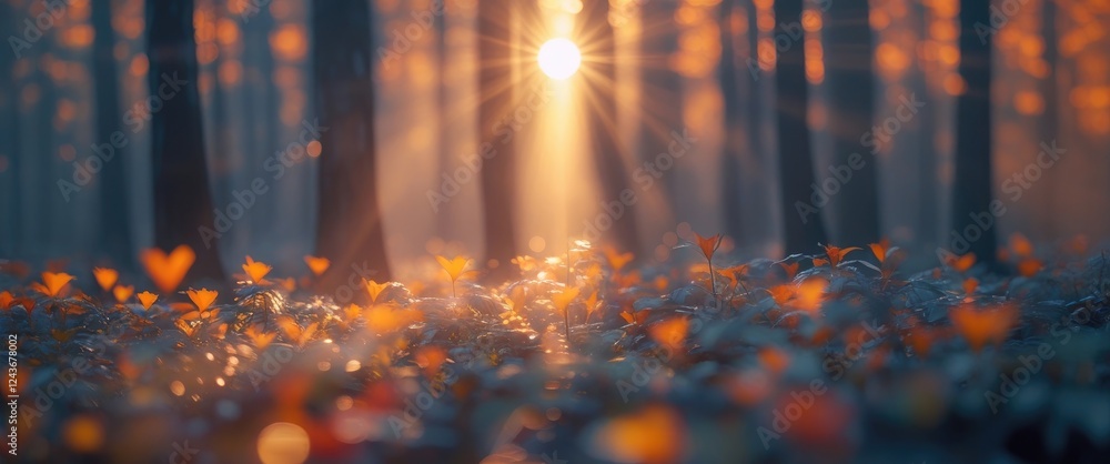 Poster sunlight filtering through a dense forest creating a dreamy, ethereal atmosphere with vibrant hues a