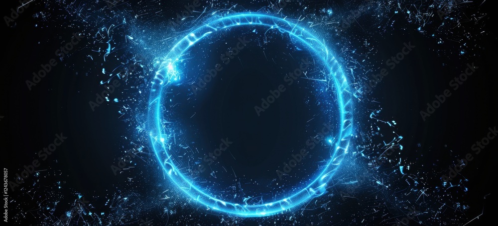 Poster abstract blue glowing circle with particles on dark background
