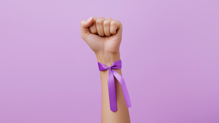 A delicate female hand clenched in a fist for International Women's Day, adorned with a purple ribbon as a symbol of solidarity.