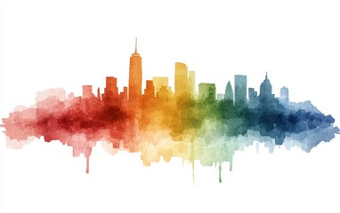 Vibrant Watercolor City Skyline with Colorful Blends and Reflections Perfect for Artistic Design Projects