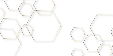 Abstract white background with golden  hexagons seamless pattern and geometric in vector design. Futuristic blue neon honeycombs. Modern technology design .Minimal style website banner, decoration .