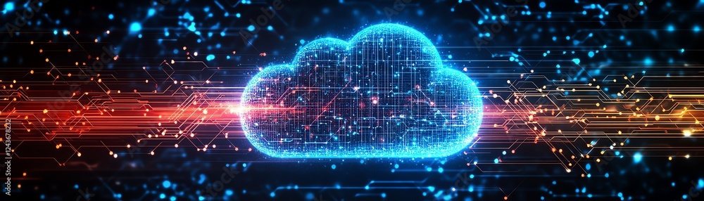 Poster a cloud symbol over a stylized chip, representing secure cloud computing, encryption, and data safet