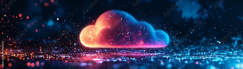 Poster a cloud symbol over a stylized chip, representing secure cloud computing, encryption, and data safet