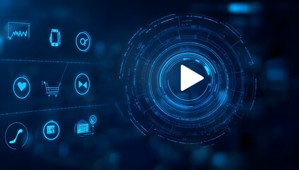 Obraz premium Futuristic digital interface with play button and technology icons, multimedia concept