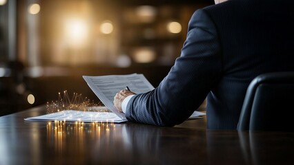 Business Professional in a Suit Reviewing Documents at a Desk, With Futuristic Digital Data Visualizations Overlaying the Paperwork in a Modern Office Setting