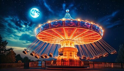 fairground ride spinning under the moonlight 