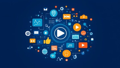 Fototapeta premium Futuristic digital interface with play button and technology icons, multimedia concept
