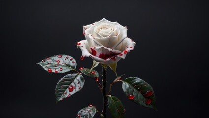 White rose adorned with vivid red droplets resembling blood against a black backdrop with ample space for text or graphics.