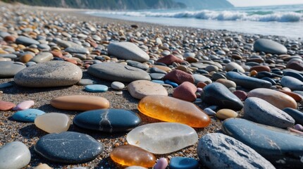 Fototapeta premium Vibrant assortment of smooth pebbles in various colors and sizes scattered along a sandy beach with ocean waves in the background