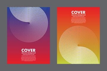 Abstract vector background featuring dynamic spiral halftone dots pattern on vibrant gradient red to purple and orange to yellow green. For cover, digital artwork, poster, annual report.
