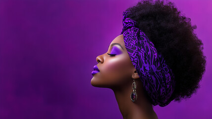 Profile view of a dignified Black woman with a turban and closed eyes, evoking inspiration and resilience.