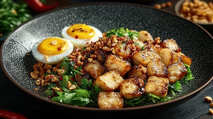 Fototapeta premium Asian salad with fried cubes, egg, and peanuts on dark plate