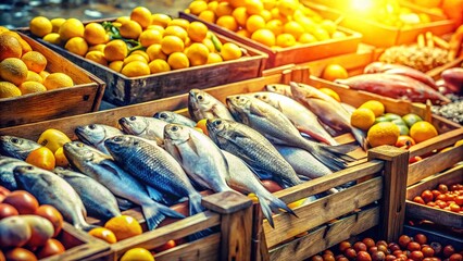 Vintage Seafood Market: Fresh Fish & Citrus Abundance