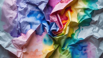 Multicolored abstract watercolor texture on crumpled paper creating a vibrant and artistic background ideal for creative projects