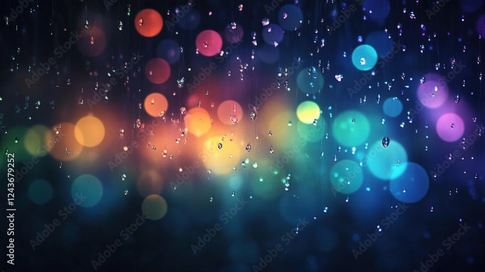 Poster multicolor bokeh background with raindrops creating a dreamy atmosphere in a soft focus setting