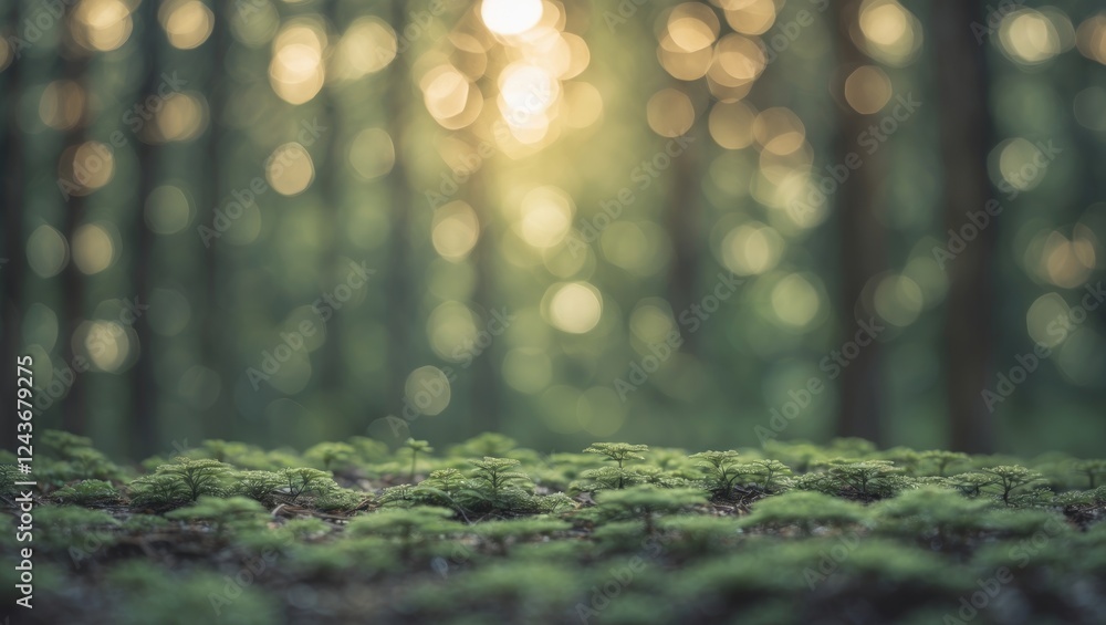 Poster serene forest bokeh background with blurred greenery and soft light for text placement and natural a