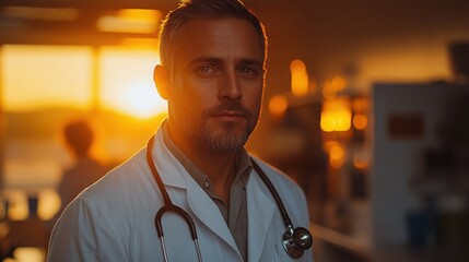A doctor in a white coat stands confidently, embodying hope and professionalism in a modern, serene setting.