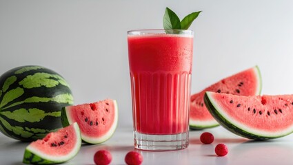 Refreshing Watermelon Juice in a Glass Surrounded by Fresh Watermelon Slices and Whole Fruit on a Bright Background