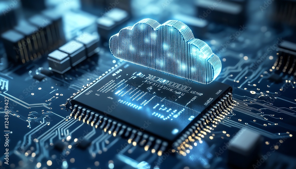 Poster a stylized chip with a cloud symbol above, representing secure cloud computing, encryption, and the 