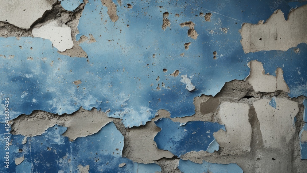 Poster textured abstract wall with blue scuffed plaster revealing underlying concrete; a unique blend of co