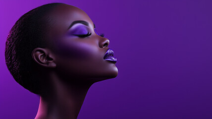 A refined Black model with short hair, eyes closed, against a purple studio background, radiating elegance and strength.