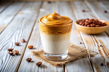 Vintage Style Dalgona Coffee Photo: Creamy Whipped Coffee in Glass on White Table