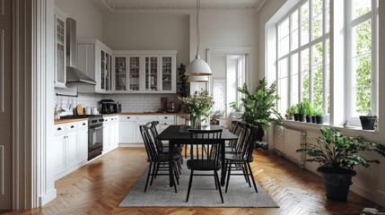 Bright kitchen-dining room in apartment, plants, parquet floor. Home interior design.
