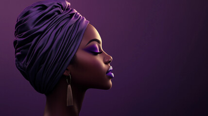 Close-up of a Black woman adorned with a turban and artisanal earrings, showcasing intricate makeup as a symbol of resistance for International Women's Day.