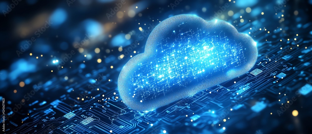 Aufkleber cloud computing security, with a cloud symbol over a stylized chip, symbolizing encryption, data saf