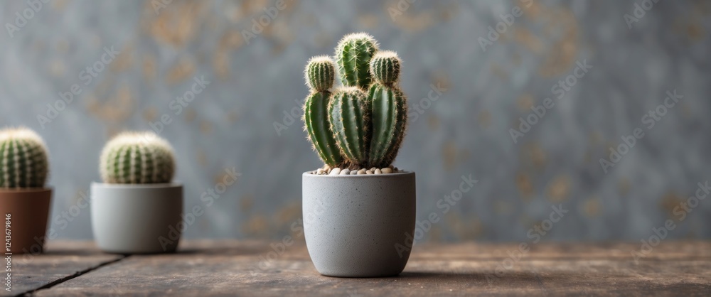 Poster charming mini cactus displayed in modern planter with natural background and blank space for custom 
