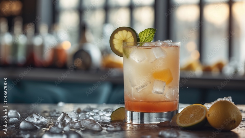 Poster refreshing cocktail with ice and citrus garnishes on a bar counter with empty space for text and a b