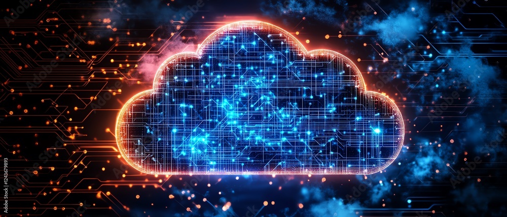 Poster cloud computing security, with a cloud symbol over a stylized chip, symbolizing encryption, data saf