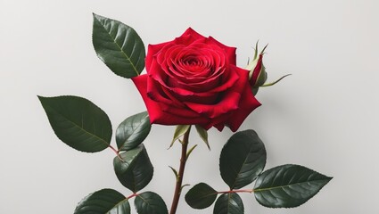 Fototapeta premium Vibrant red rose with lush green leaves on a white background symbolizing beauty and elegance in nature and floral design